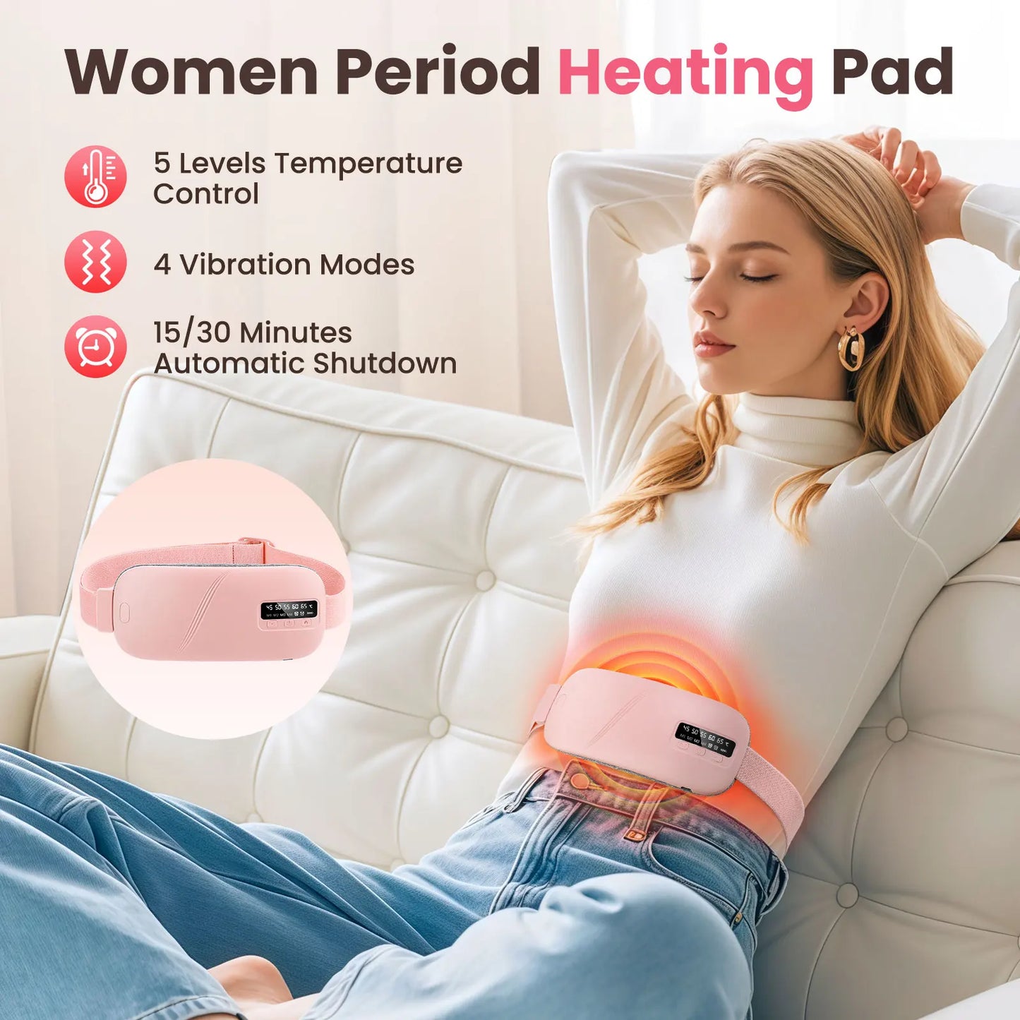 Electric Waist Massage Period Cramp Massager Vibrating Heating Belt for Menstrual Waist Stomach Abdominal Warm Palace Belt