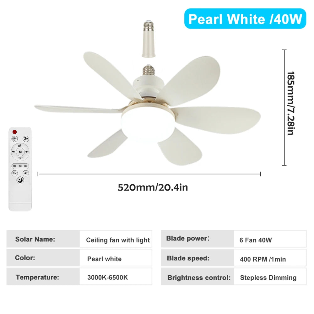 Home LED Ceiling Fan Light E26 E27 Base 3-colour Adjustable Wireless Remote Control 52CM Ceiling Fan Lamp for Bedroom Living