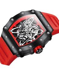 Luxury Skeleton Mechanical Watch – Stylish Red & Black Men’s Wristwatch