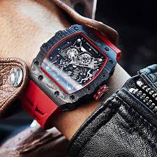 Luxury Skeleton Mechanical Watch – Stylish Red & Black Men’s Wristwatch